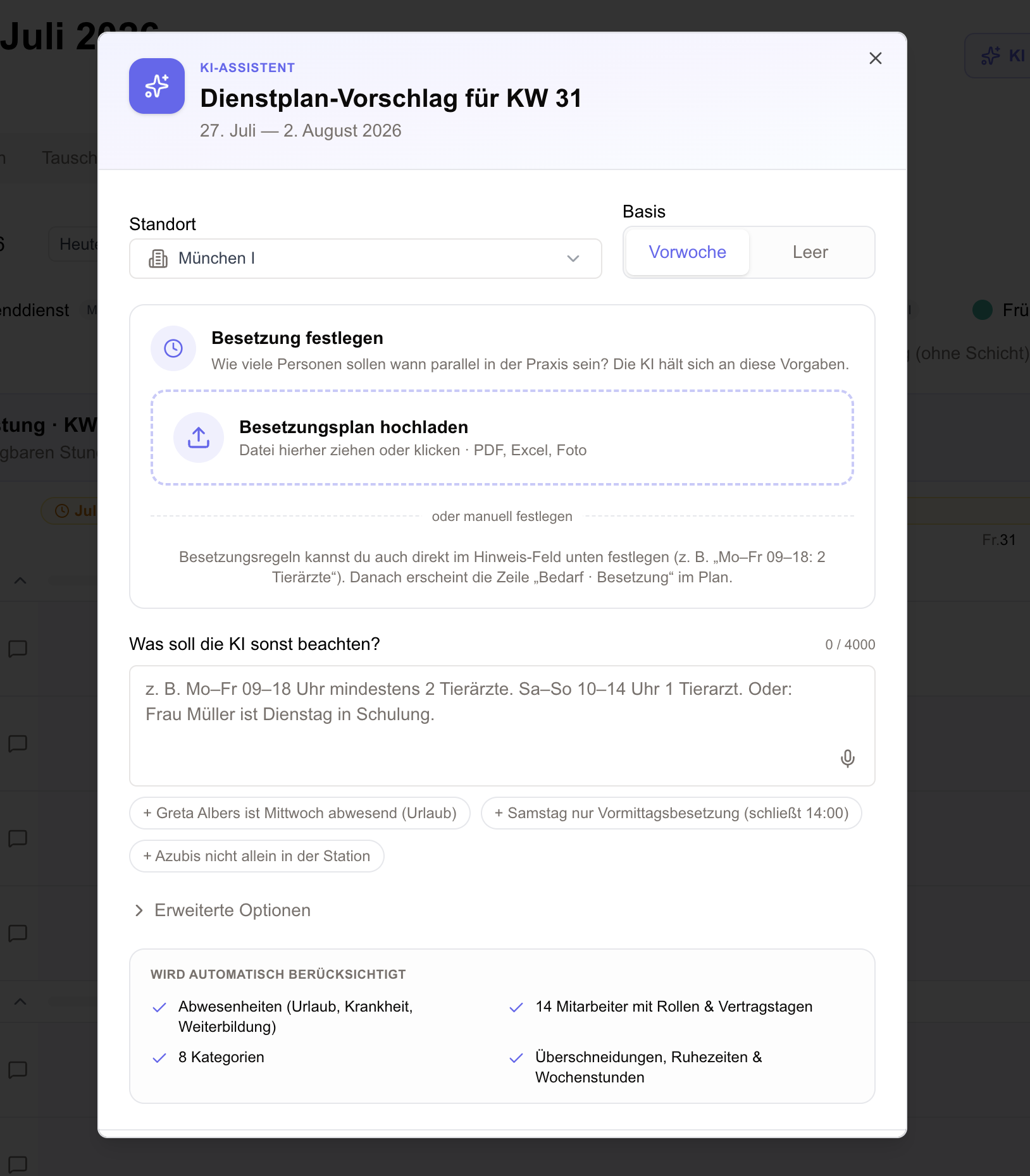 VetTime KI-Assistent — Dienstplan-Vorschlag für KW 31